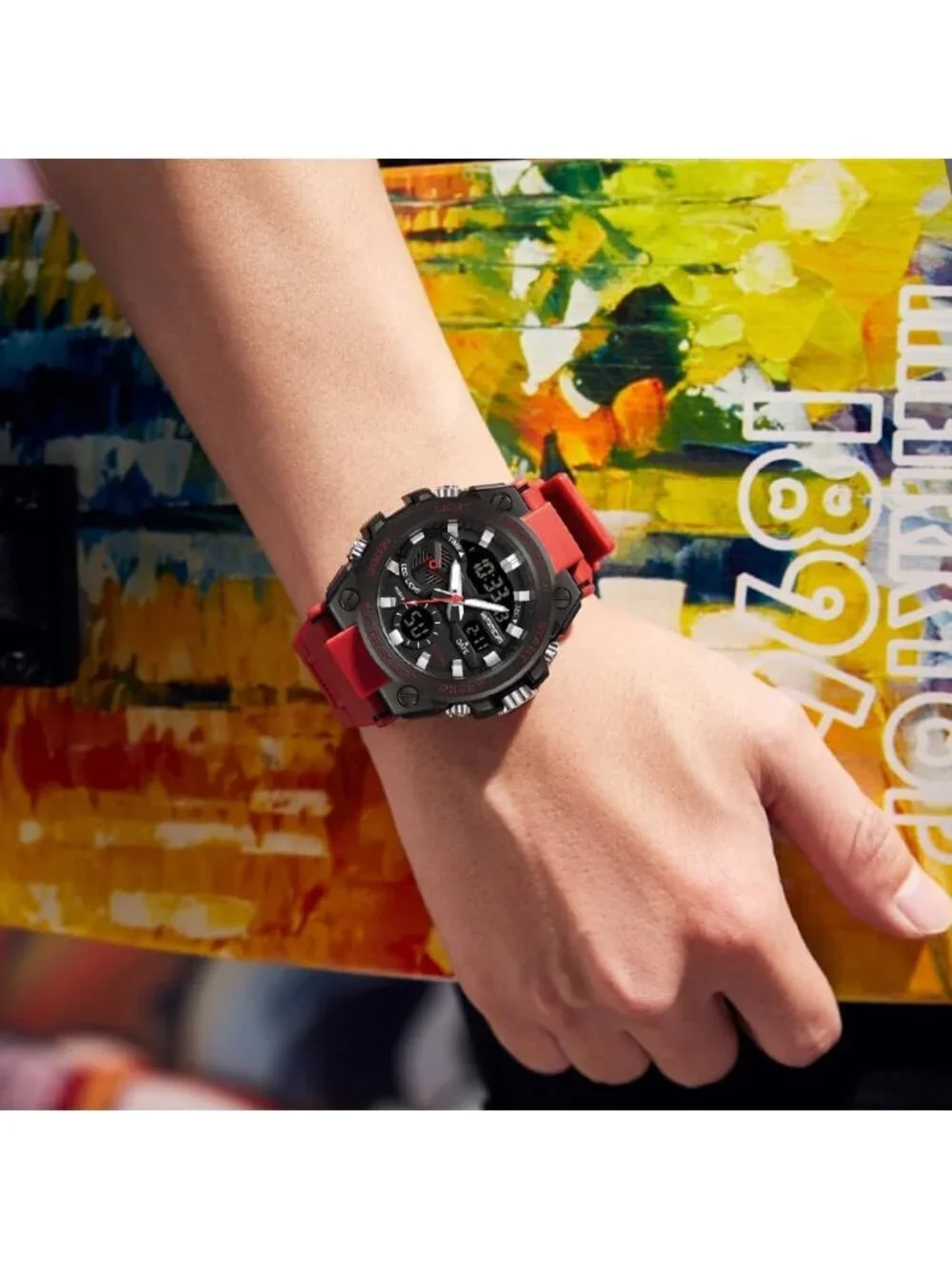 Men's Red Analog Quartz Sports Outdoor Waterproof Military LED Digital Watch